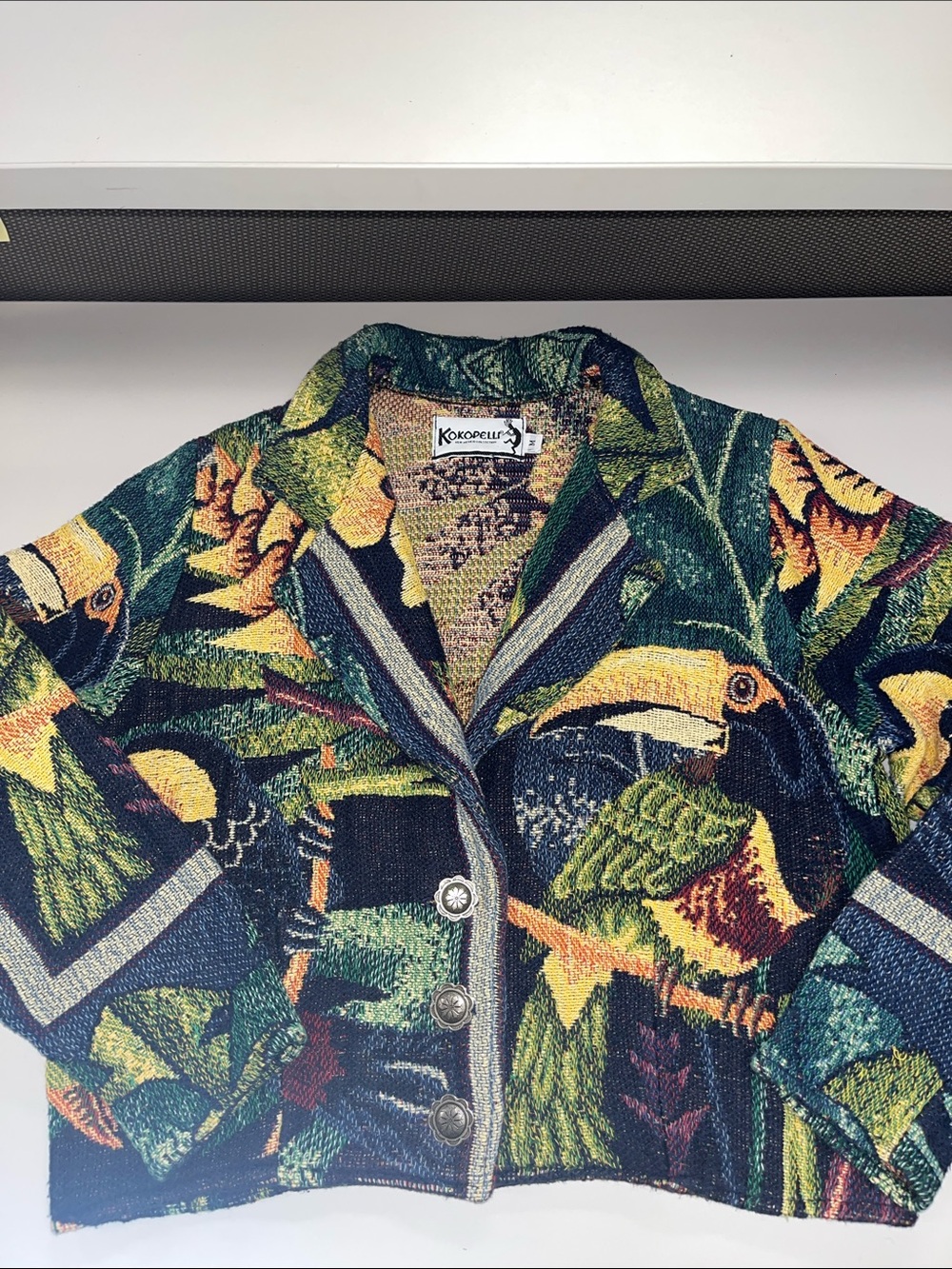 Kokopelli Tropical Print / Toucan Tapestry Cropped Blazer Jacket